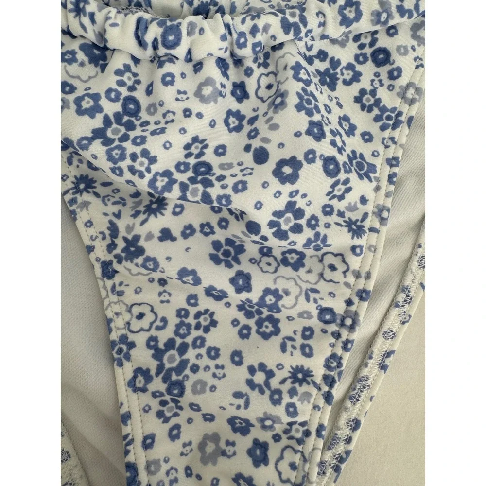 Hollister Blue White Floral Side Tie Bikini Bottoms High Cut Women Medium M